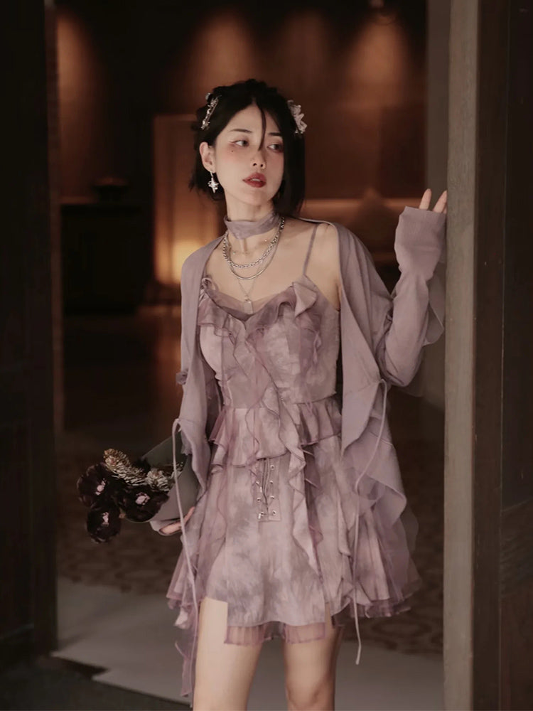 Tie-dye Ruffle Lace-up Camisole&Cardigan&Pants