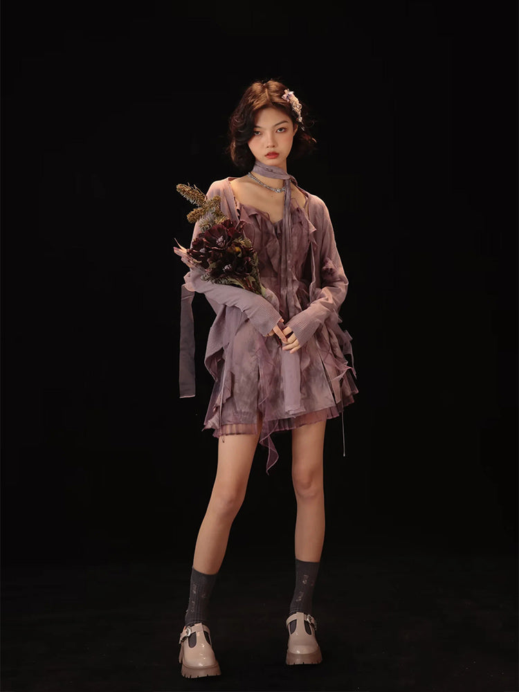 Tie-dye Ruffle Lace-up Camisole&Cardigan&Pants