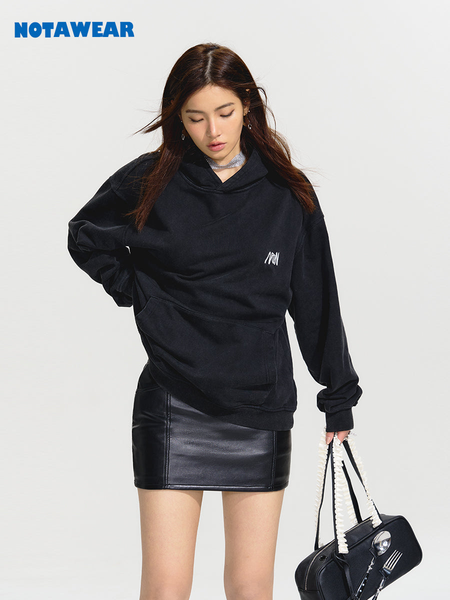 NOTAWEAR Stylish Black Oversized Hoodie with Faux Leather Mini Skirt for Women - Casual and Chic Outfit