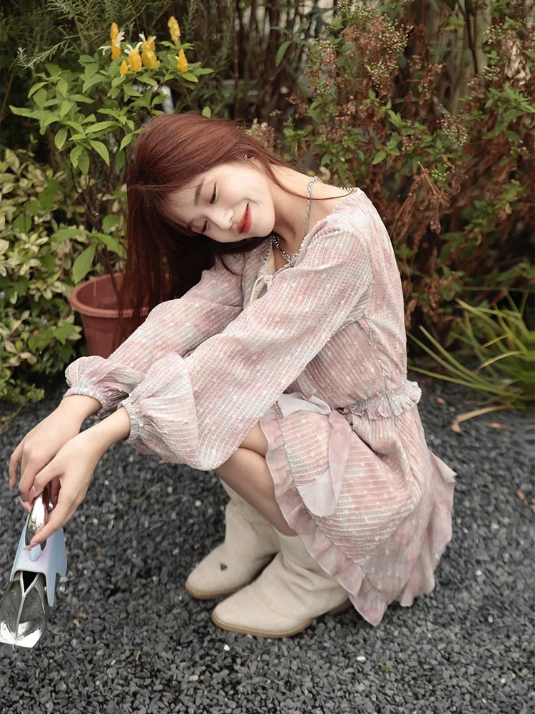 JZ NUMBLING Bohemian Fairycore Pastel Lace-Up Maxi Dress with Ruffled Hem and Sheer Sleeves for Women