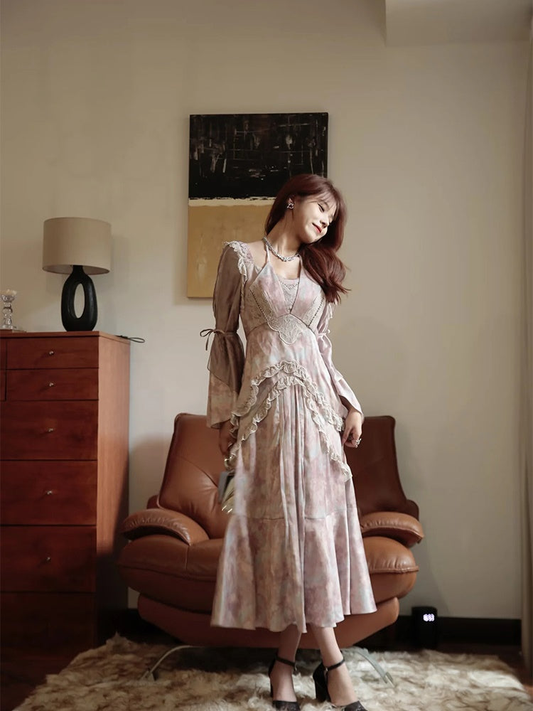 JZ NUMBLING Bohemian Fairycore Pastel Lace-Up Maxi Dress with Ruffled Hem and Sheer Sleeves for Women