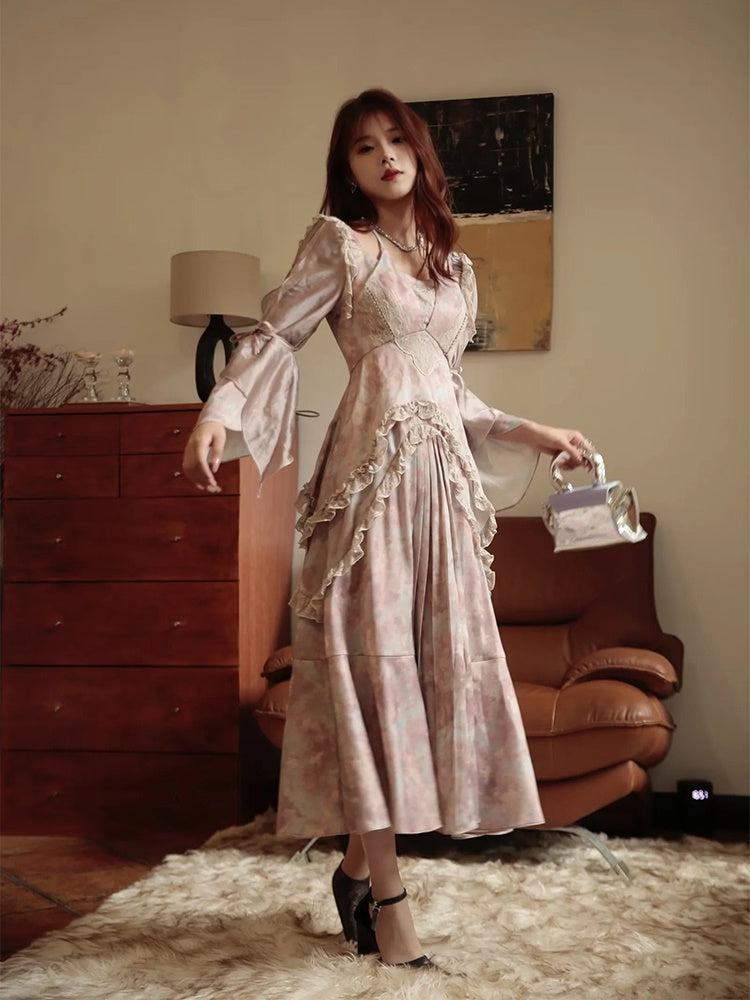 JZ NUMBLING Bohemian Fairycore Pastel Lace-Up Maxi Dress with Ruffled Hem and Sheer Sleeves for Women
