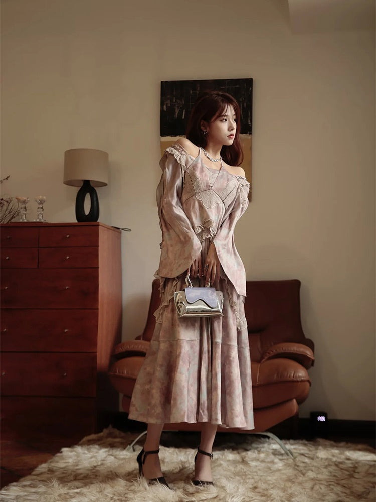 JZ NUMBLING Bohemian Fairycore Pastel Lace-Up Maxi Dress with Ruffled Hem and Sheer Sleeves for Women