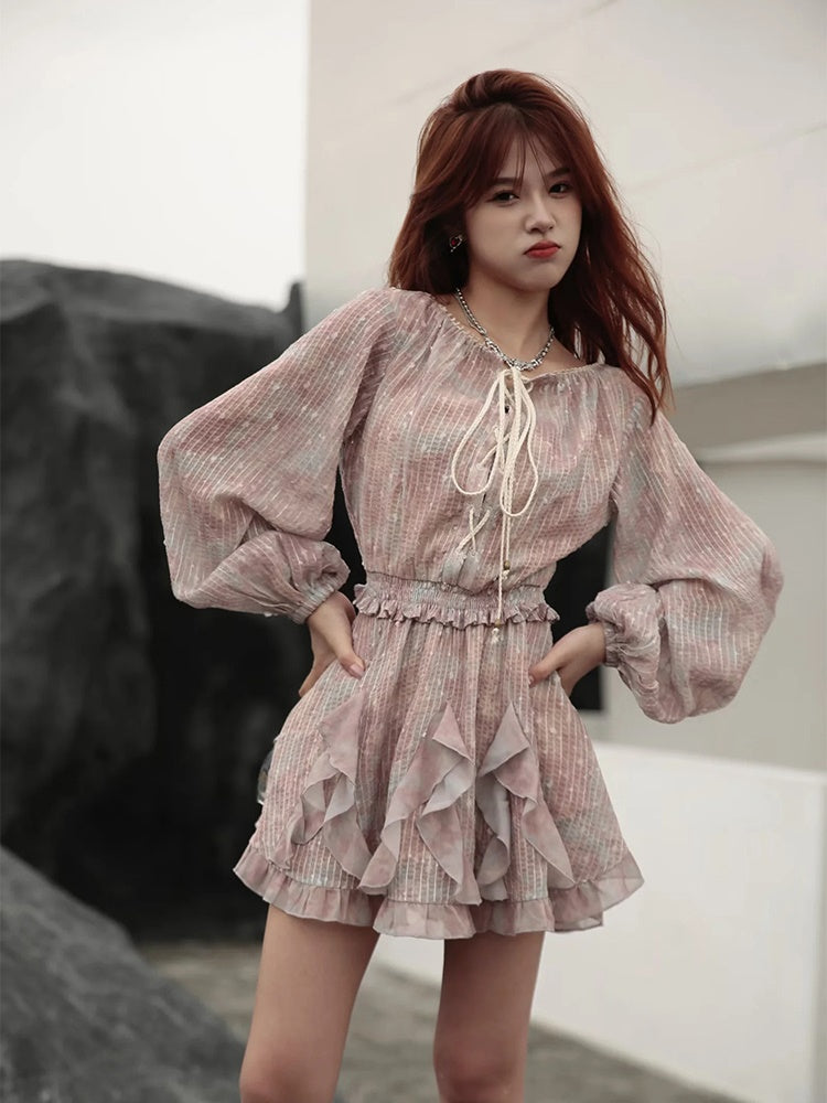 JZ NUMBLING Bohemian Fairycore Pastel Lace-Up Maxi Dress with Ruffled Hem and Sheer Sleeves for Women