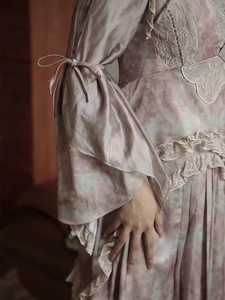 JZ NUMBLING Bohemian Fairycore Pastel Lace-Up Maxi Dress with Ruffled Hem and Sheer Sleeves for Women