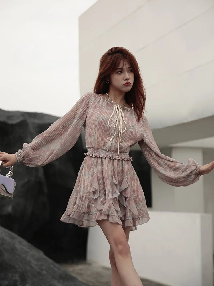 JZ NUMBLING Bohemian Fairycore Pastel Lace-Up Maxi Dress with Ruffled Hem and Sheer Sleeves for Women