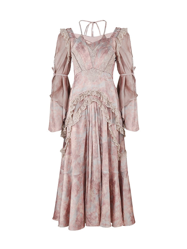 JZ NUMBLING Bohemian Fairycore Pastel Lace-Up Maxi Dress with Ruffled Hem and Sheer Sleeves for Women