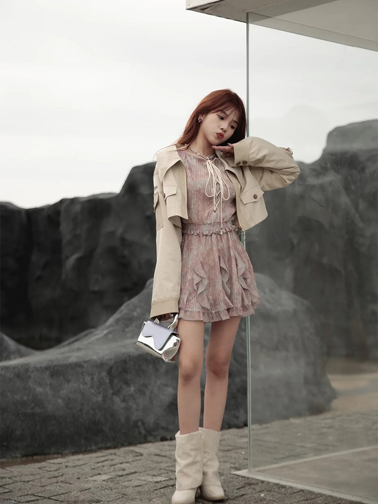 JZ NUMBLING Bohemian Fairycore Pastel Lace-Up Maxi Dress with Ruffled Hem and Sheer Sleeves for Women