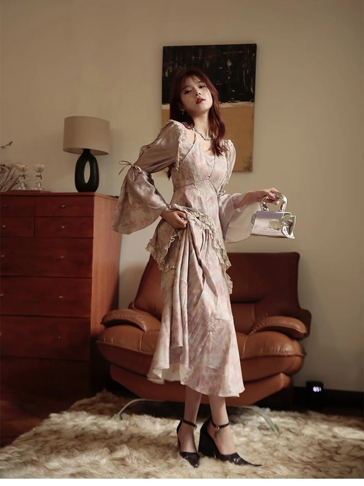 JZ NUMBLING Bohemian Fairycore Pastel Lace-Up Maxi Dress with Ruffled Hem and Sheer Sleeves for Women