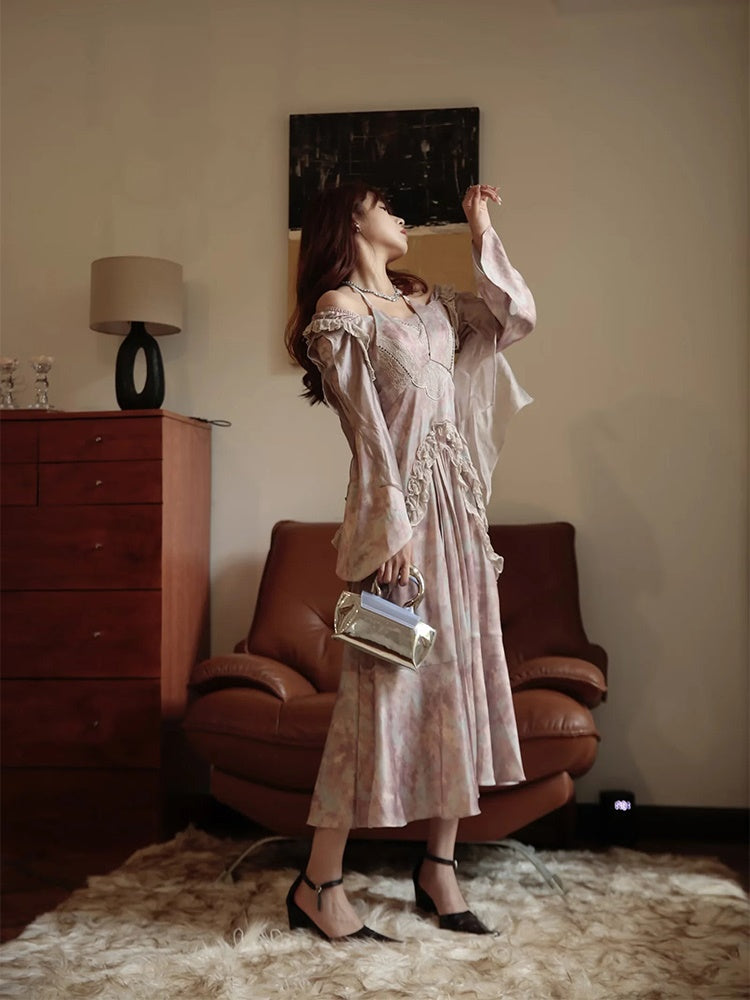JZ NUMBLING Bohemian Fairycore Pastel Lace-Up Maxi Dress with Ruffled Hem and Sheer Sleeves for Women
