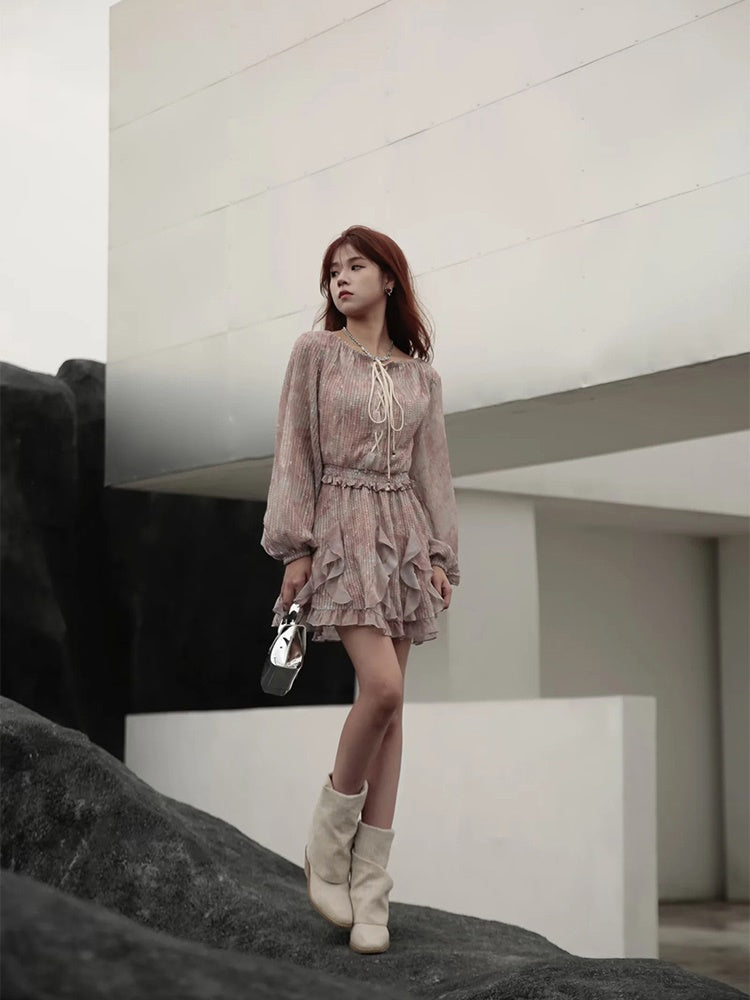 JZ NUMBLING Bohemian Fairycore Pastel Lace-Up Maxi Dress with Ruffled Hem and Sheer Sleeves for Women