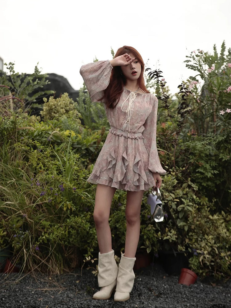 JZ NUMBLING Bohemian Fairycore Pastel Lace-Up Maxi Dress with Ruffled Hem and Sheer Sleeves for Women