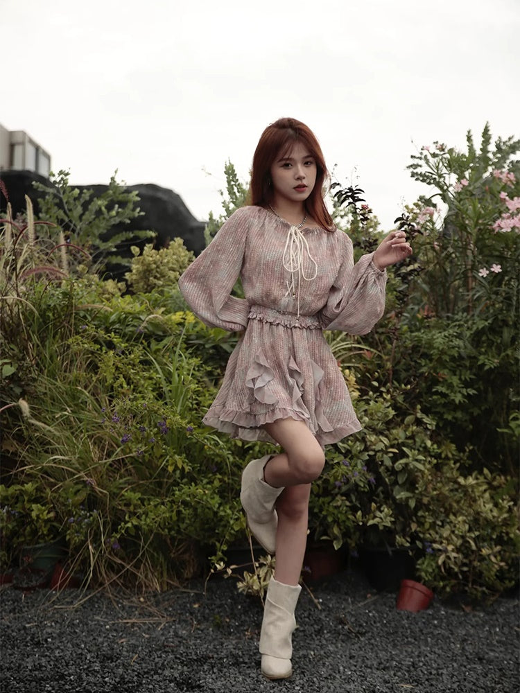 JZ NUMBLING Bohemian Fairycore Pastel Lace-Up Maxi Dress with Ruffled Hem and Sheer Sleeves for Women