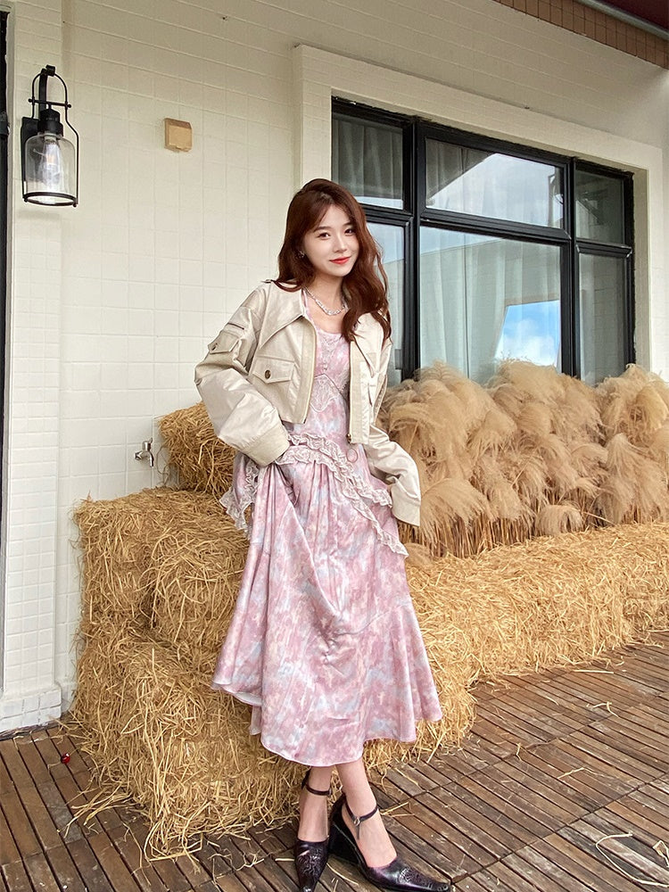 JZ NUMBLING Bohemian Fairycore Pastel Lace-Up Maxi Dress with Ruffled Hem and Sheer Sleeves for Women