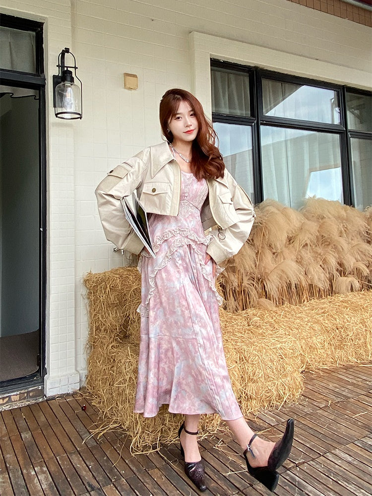 JZ NUMBLING Bohemian Fairycore Pastel Lace-Up Maxi Dress with Ruffled Hem and Sheer Sleeves for Women