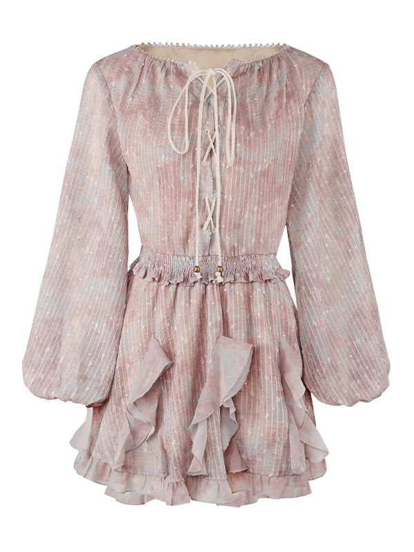 JZ NUMBLING Bohemian Fairycore Pastel Lace-Up Maxi Dress with Ruffled Hem and Sheer Sleeves for Women