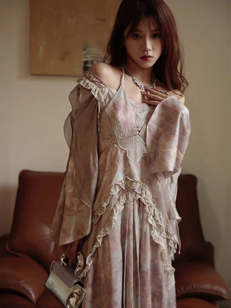 JZ NUMBLING Bohemian Fairycore Pastel Lace-Up Maxi Dress with Ruffled Hem and Sheer Sleeves for Women
