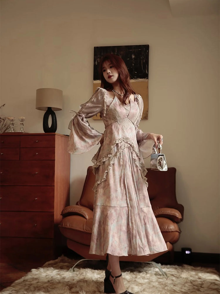 JZ NUMBLING Bohemian Fairycore Pastel Lace-Up Maxi Dress with Ruffled Hem and Sheer Sleeves for Women