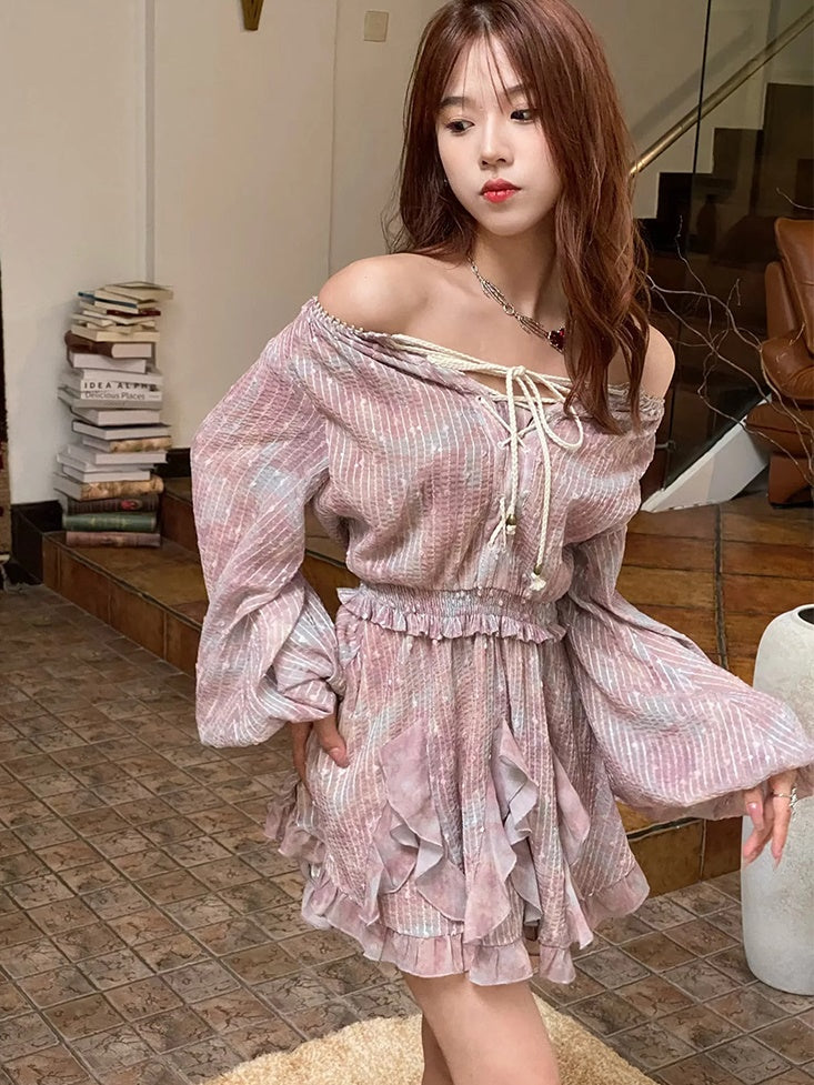 JZ NUMBLING Bohemian Fairycore Pastel Lace-Up Maxi Dress with Ruffled Hem and Sheer Sleeves for Women