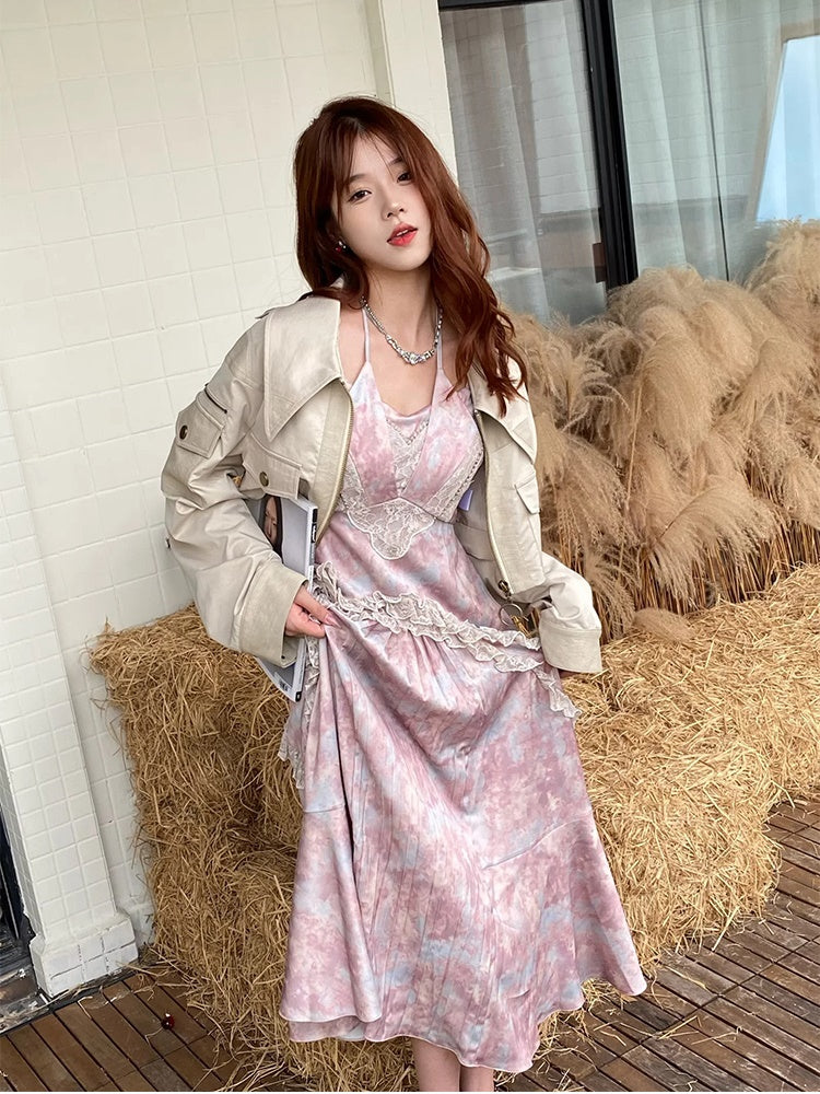 JZ NUMBLING Bohemian Fairycore Pastel Lace-Up Maxi Dress with Ruffled Hem and Sheer Sleeves for Women