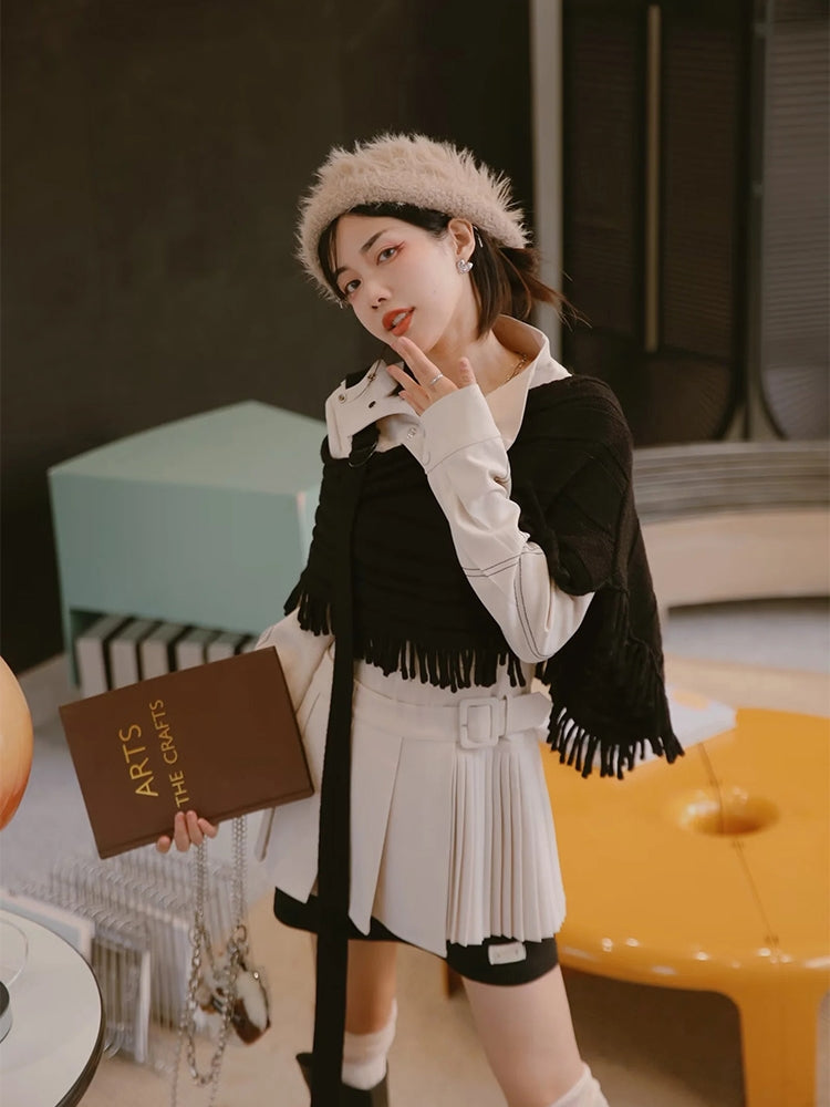 Knit Pleats Tassel Classy Stole&One-piece