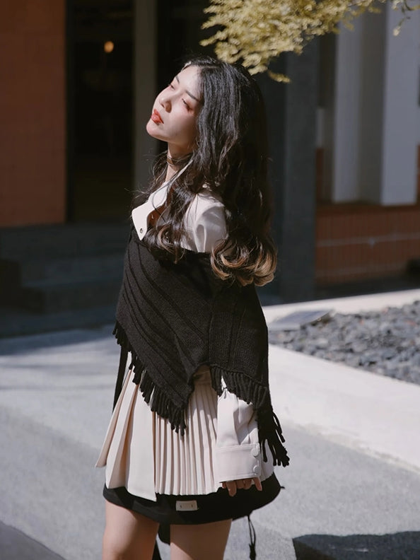 Knit Pleats Tassel Classy Stole&One-piece