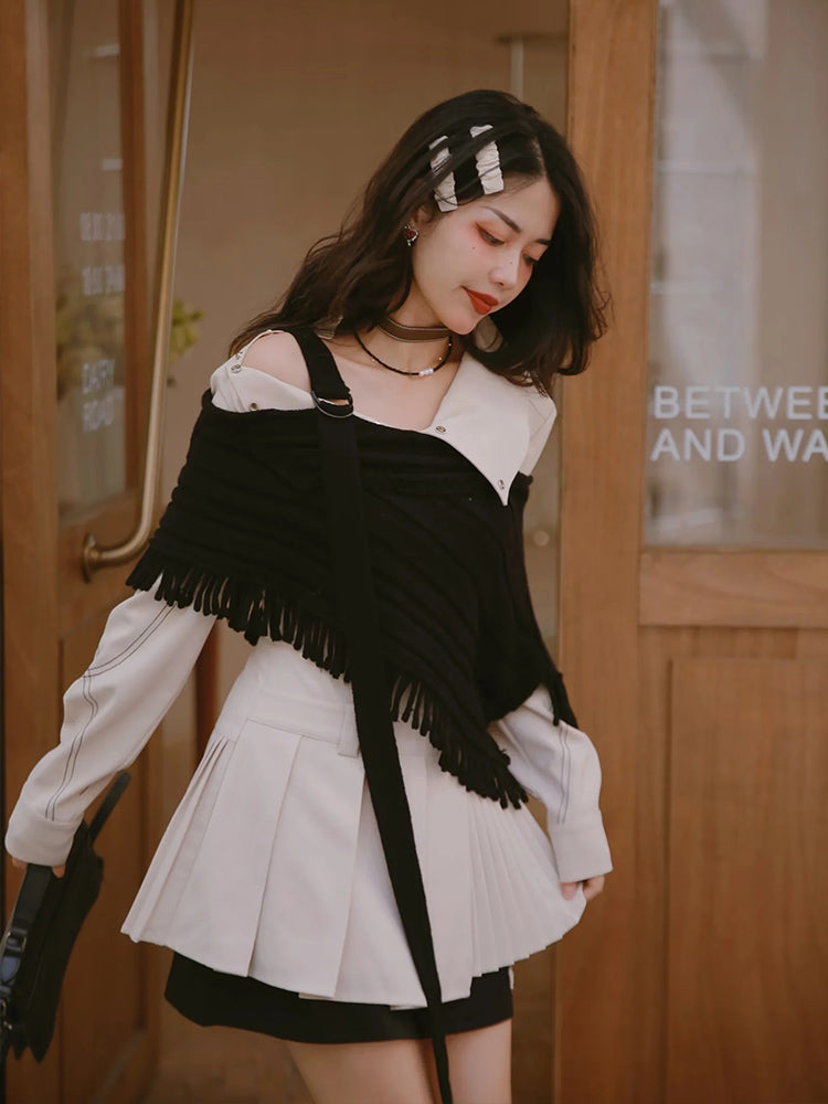 Knit Pleats Tassel Classy Stole&One-piece