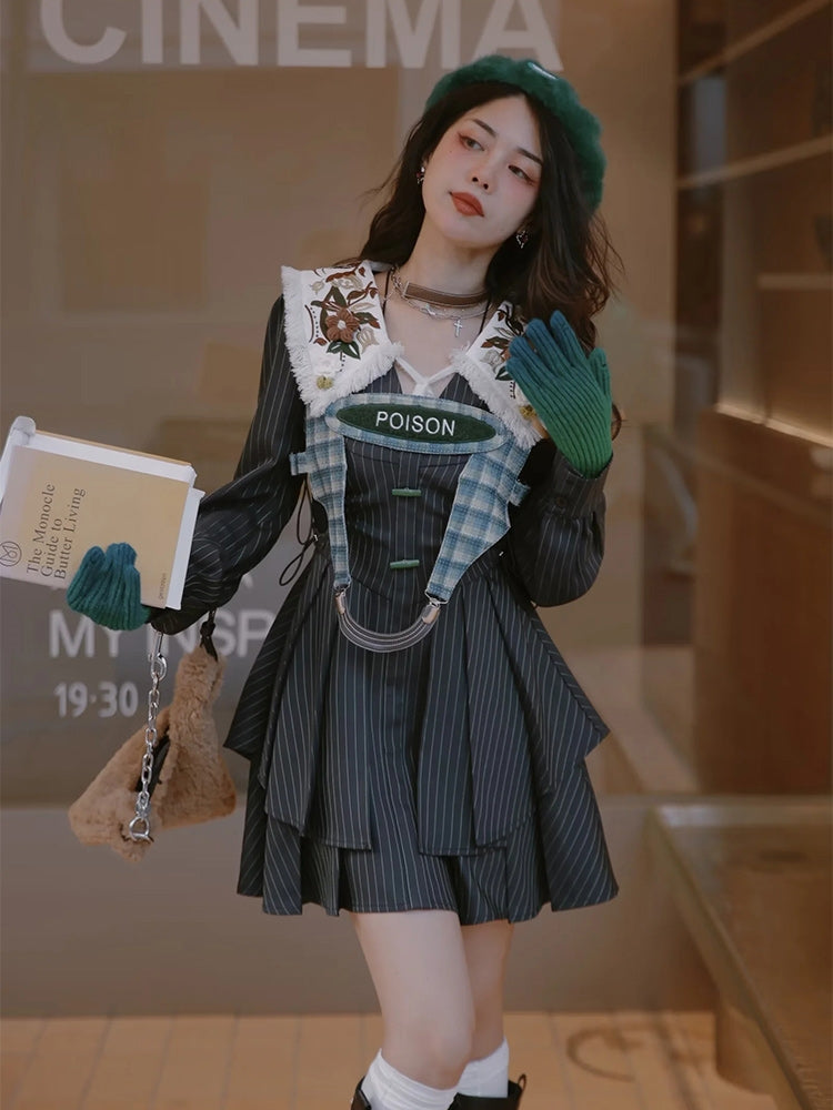 Tiered Pleats College Stripe One-piece