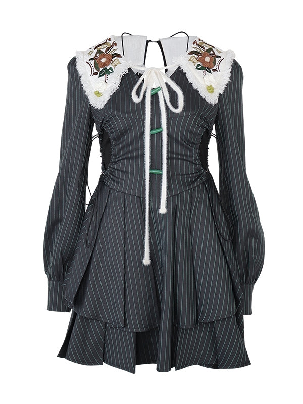 Tiered Pleats College Stripe One-piece