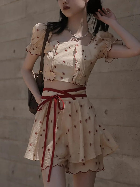 Dot Petal Cute Lace Bustier&Blouse&pants