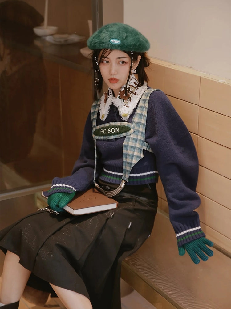 Retro Flower Balloon-sleeve Knit&Collar Set-up