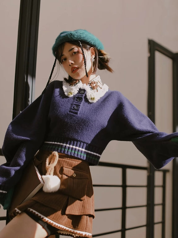 Retro Flower Balloon-sleeve Knit&Collar Set-up