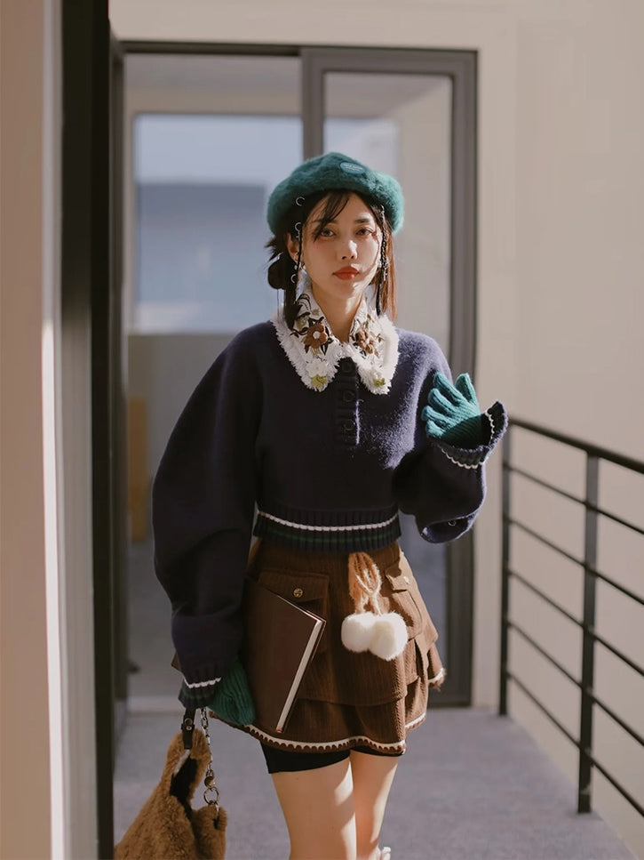 Retro Flower Balloon-sleeve Knit&Collar Set-up