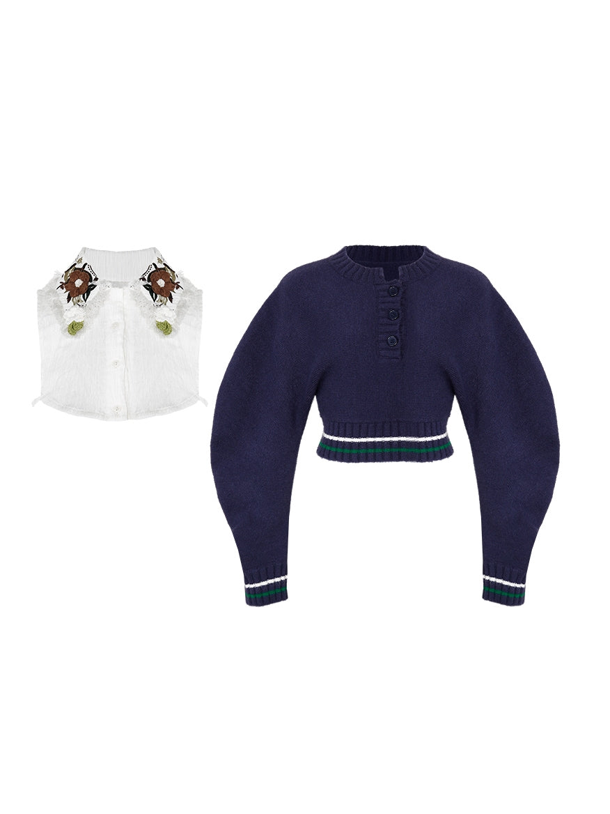 Retro Flower Balloon-sleeve Knit&Collar Set-up