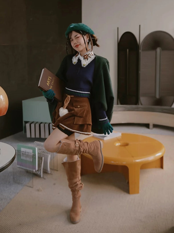 Retro Flower Balloon-sleeve Knit&Collar Set-up