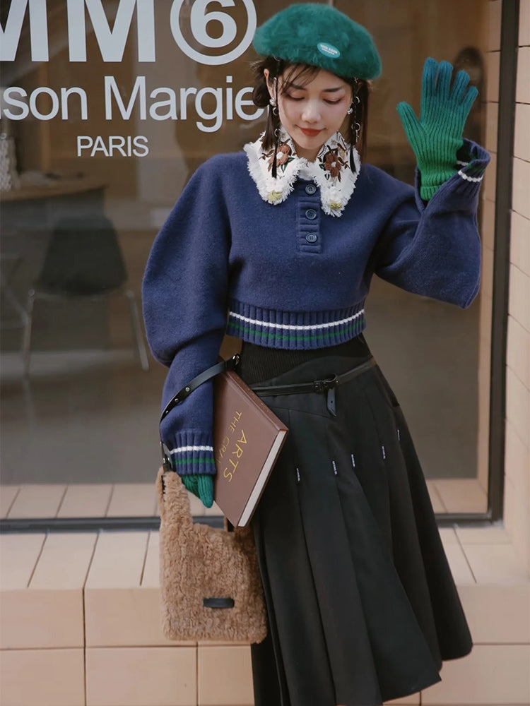 Retro Flower Balloon-sleeve Knit&Collar Set-up