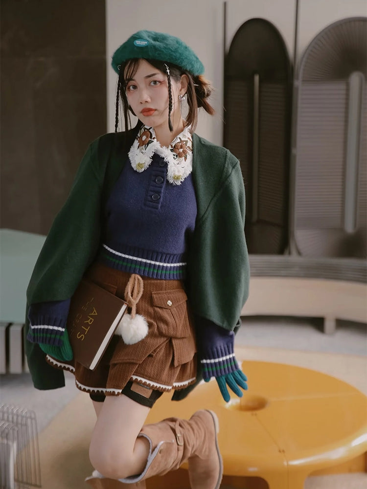 Retro Flower Balloon-sleeve Knit&Collar Set-up