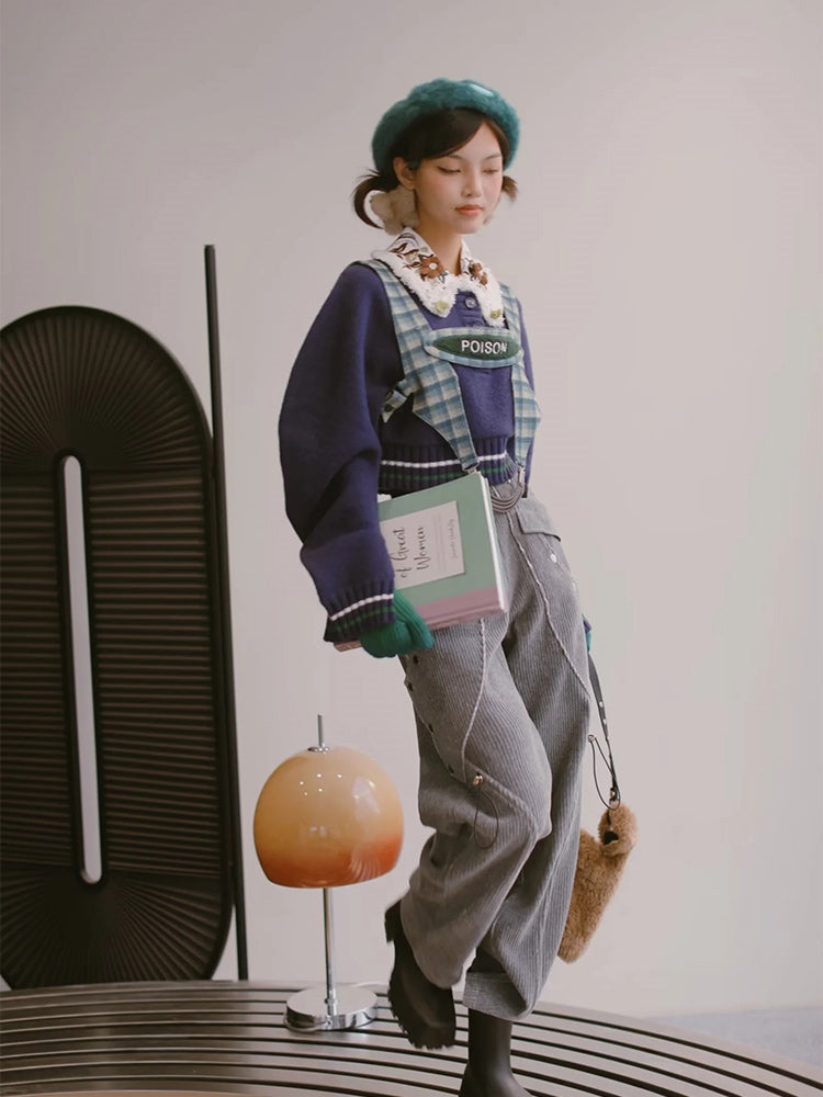 Retro Flower Balloon-sleeve Knit&Collar Set-up