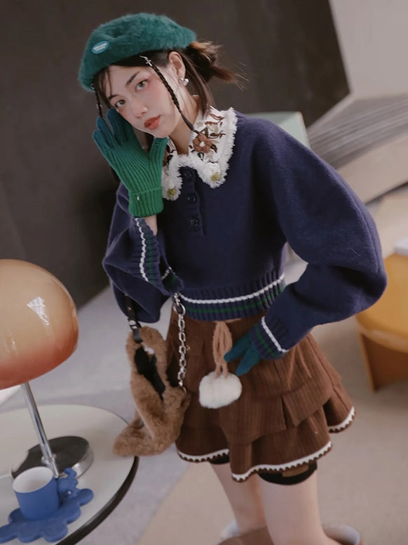 Retro Flower Balloon-sleeve Knit&Collar Set-up