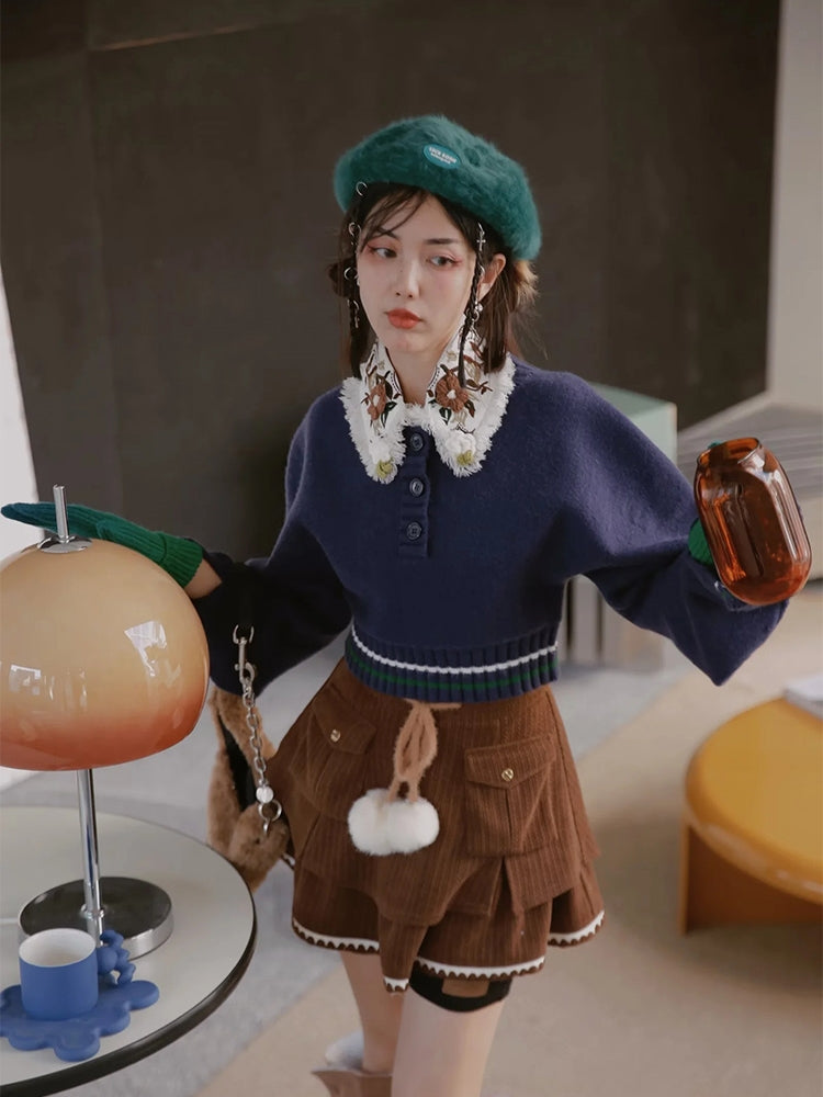 Retro Flower Balloon-sleeve Knit&Collar Set-up