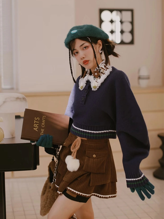 Retro Flower Balloon-sleeve Knit&Collar Set-up