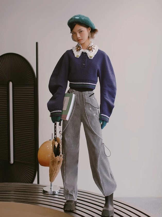 Retro Flower Balloon-sleeve Knit&Collar Set-up