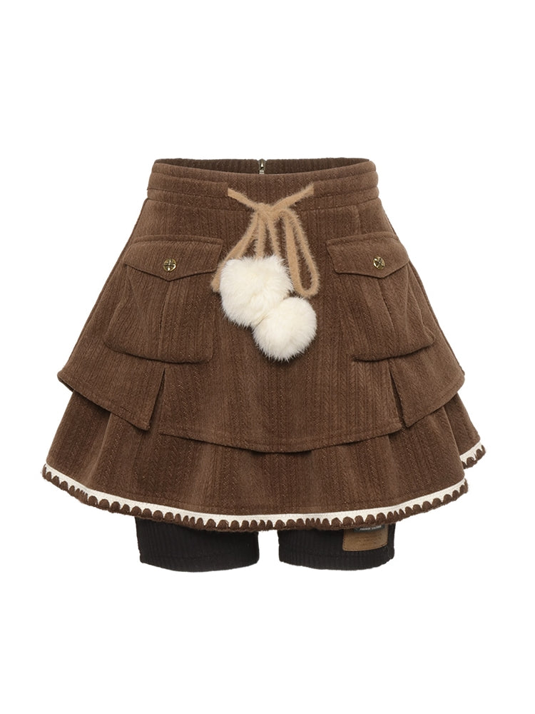 Tiered Ponpon Flare Cute Skirt