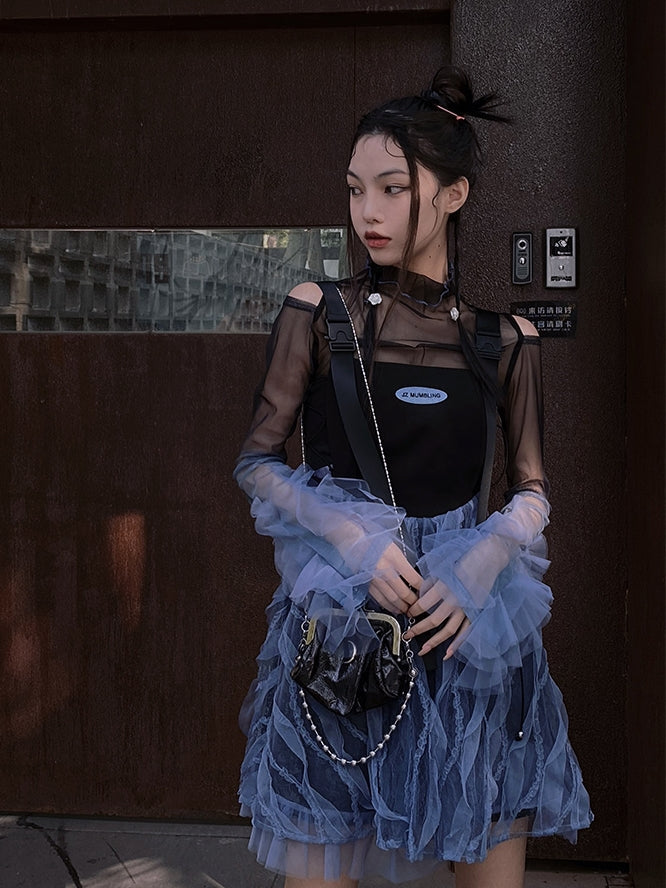 Tulle See-through High-neck Cutsew One-piece