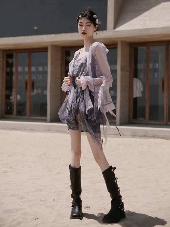 Butterfly Ciffon Lace-up Cardigan&One-piece