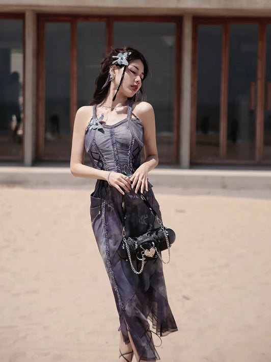 Butterfly Ciffon Lace-up Cardigan&One-piece