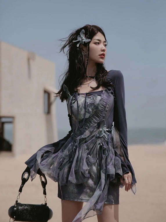 Butterfly Ciffon Lace-up Cardigan&One-piece