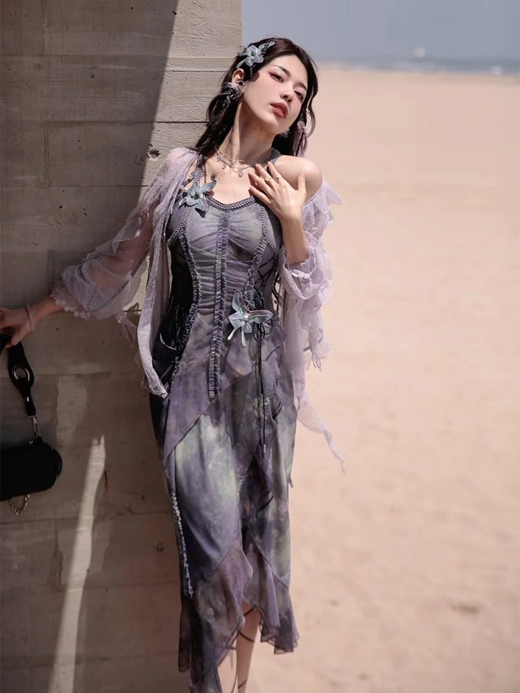 Butterfly Ciffon Lace-up Cardigan&One-piece