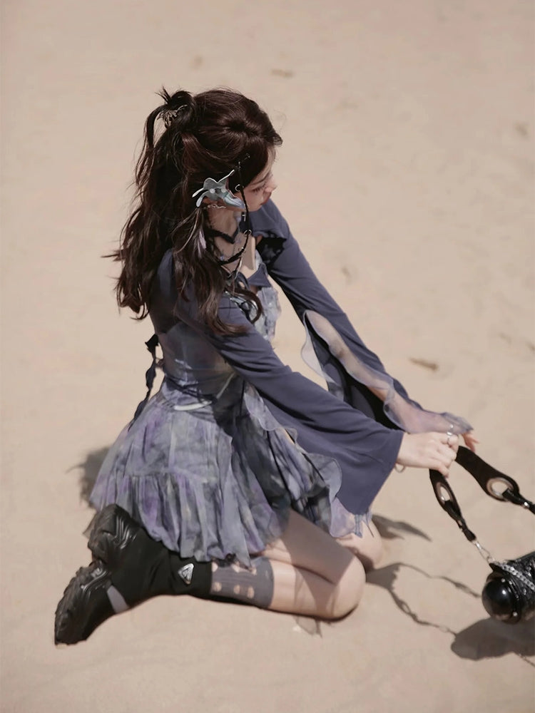 Butterfly Ciffon Lace-up Cardigan&One-piece