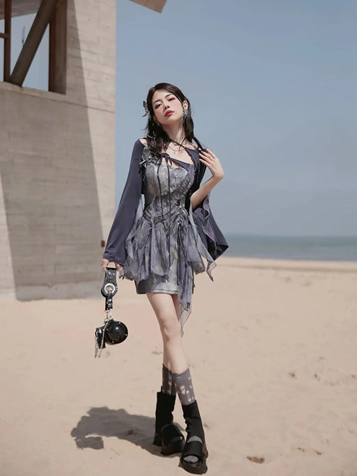 Butterfly Ciffon Lace-up Cardigan&One-piece